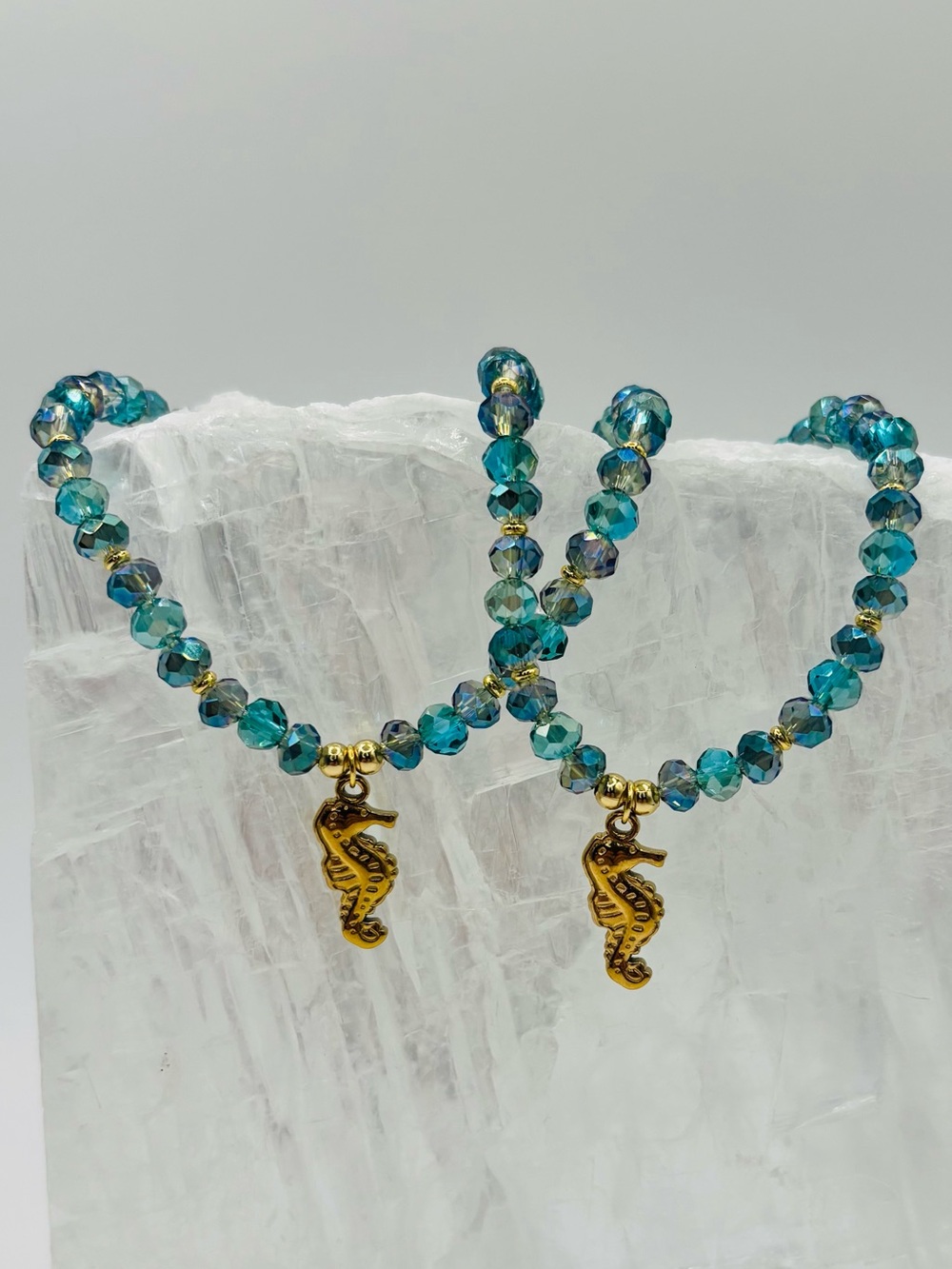 *ANKLET* S. Steel Seahorse & AB Teal Blue Green Crystal Stretchy Anklet - Picture 6 of 7